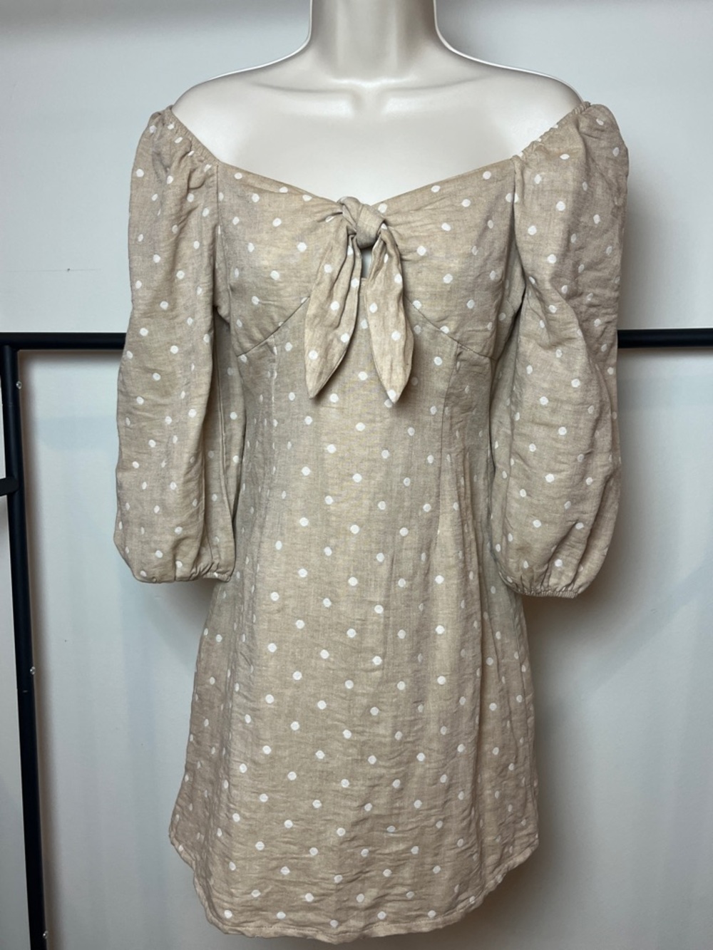 NWT JOA Polka Dot Off-Shoulder Tie Front Linen Dress Summer Beach Graduation